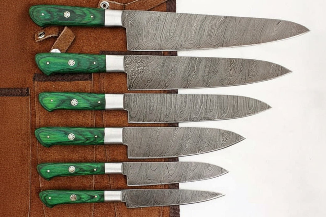 Handmade Damascus Kitchen Knife Set of 6, Green Wood Handle Chef Knife Collection, Full Tang Forged Damascus Steel Culinary Knife Set, Professional Cooking Knife Gift Set
