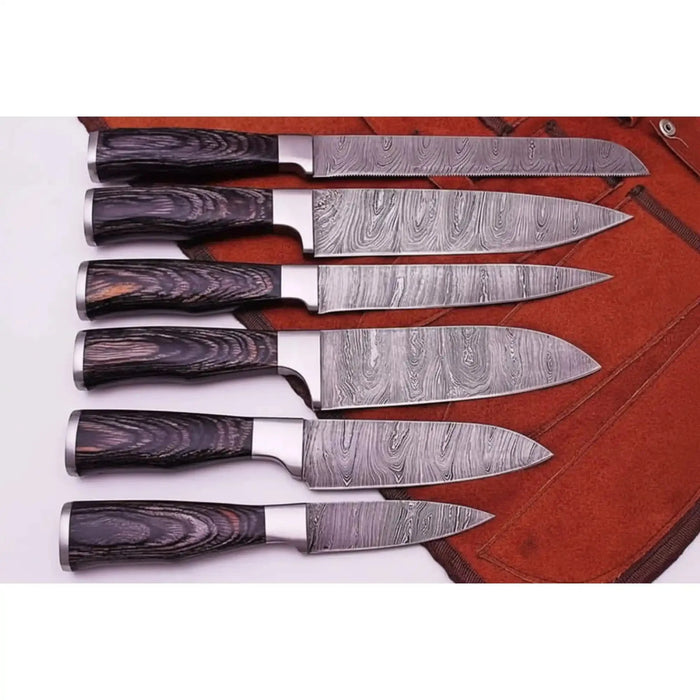 6-Piece Damascus Kitchen Knife Set — Black Wood Handles, Steel Bolsters, Bread, Slicer, Chef, Santoku, Utility & Paring with Leather Roll