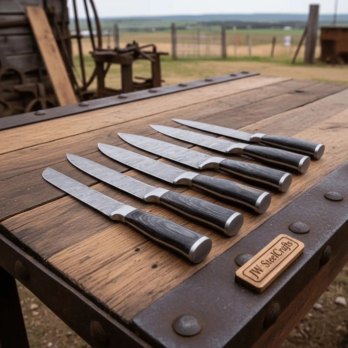6-Piece Damascus Kitchen Knife Set — Black Wood Handles, Steel Bolsters, Bread, Slicer, Chef, Santoku, Utility & Paring with Leather Roll