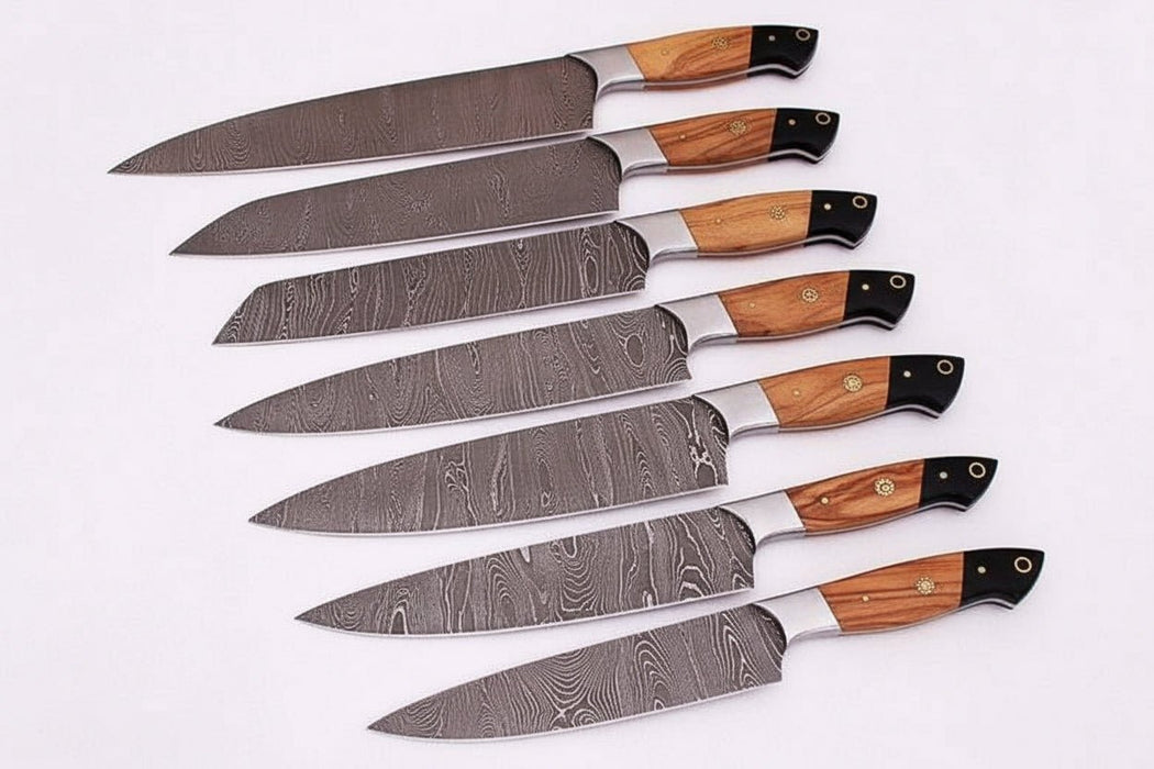 Handmade Damascus Knife Set, Olive Wood & Resin Handle