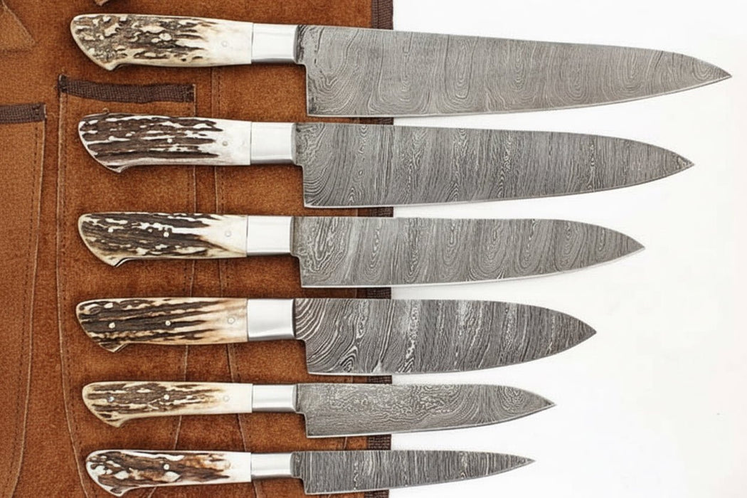 7-Piece Damascus Kitchen Knife Set — Synthetic Stag Horn Handles, Brass Bolsters & Full Tang Forged Blades