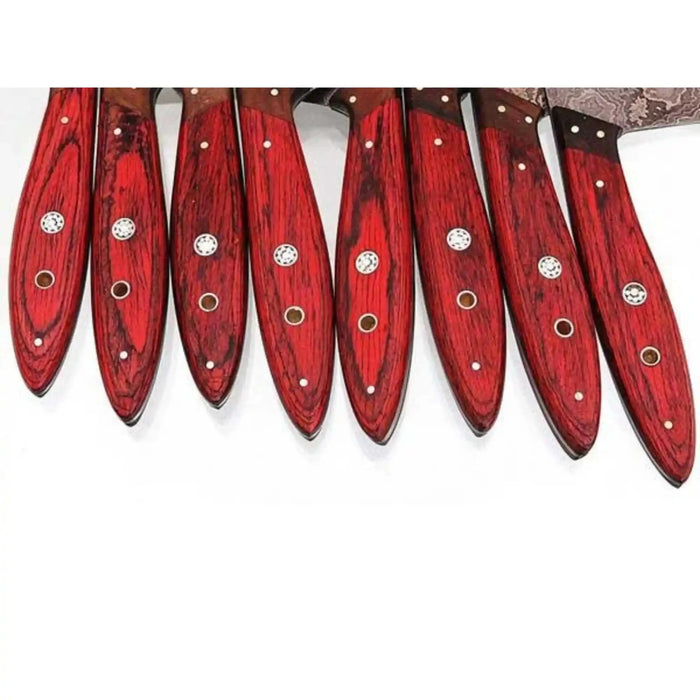 Handmade Damascus Kitchen Knife Set of 8 with Red Pakka Wood Handles, Full Tang Chef Santoku Cleaver Bread Utility and Paring Knives, Forged Damascus Steel JW SteelCrafts