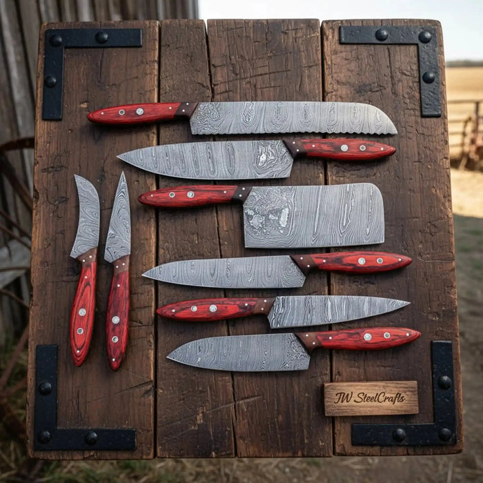 Handmade Damascus Kitchen Knife Set of 8 with Red Pakka Wood Handles, Full Tang Chef Santoku Cleaver Bread Utility and Paring Knives, Forged Damascus Steel JW SteelCrafts