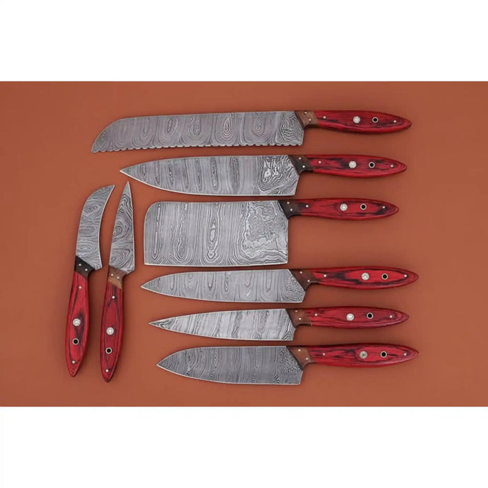 Handmade Damascus Kitchen Knife Set of 8 with Red Pakka Wood Handles, Full Tang Chef Santoku Cleaver Bread Utility and Paring Knives, Forged Damascus Steel JW SteelCrafts