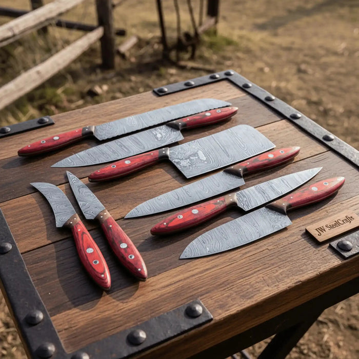 Handmade Damascus Kitchen Knife Set of 8 with Red Pakka Wood Handles, Full Tang Chef Santoku Cleaver Bread Utility and Paring Knives, Forged Damascus Steel JW SteelCrafts