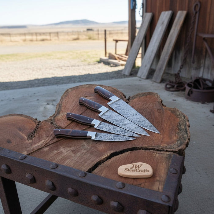 Handmade Damascus Kitchen Knife Set with Walnut Wood Handle - Professional Chef's Knives