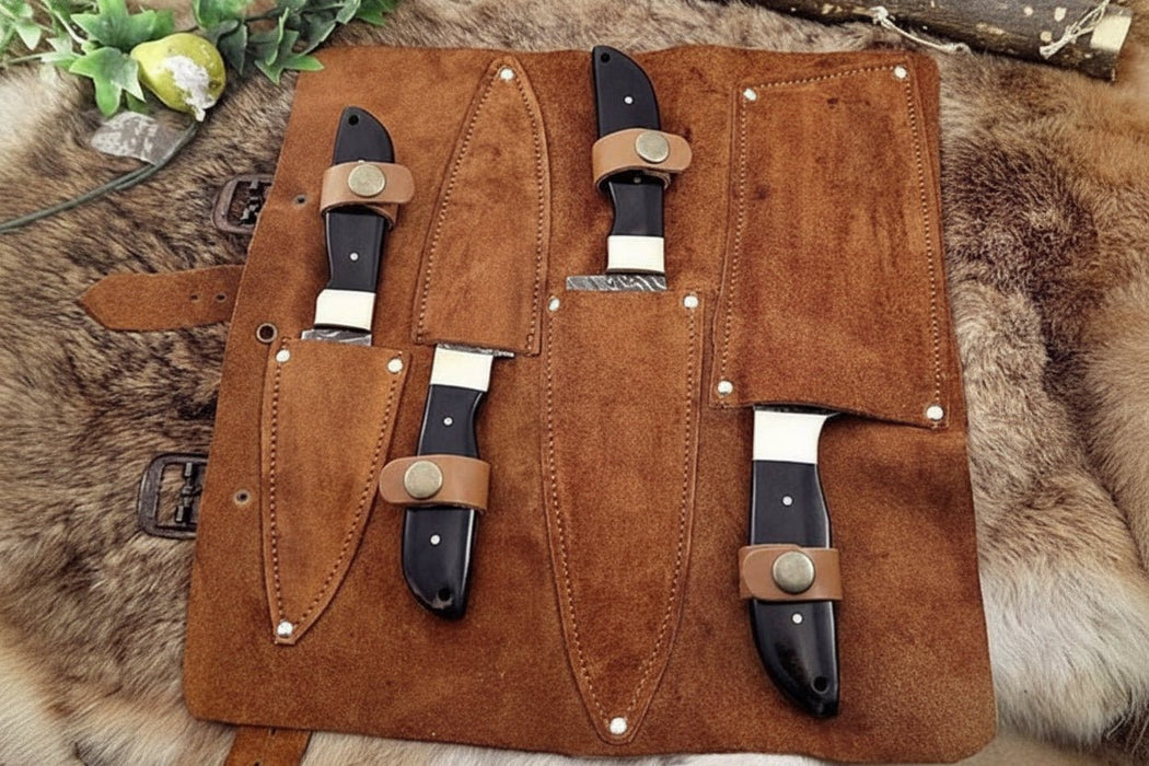 4-Piece Damascus Kitchen Knife Set — Bread, Chef, Utility & Paring with Black Resin Handles, Brass Bolsters & Leather Roll
