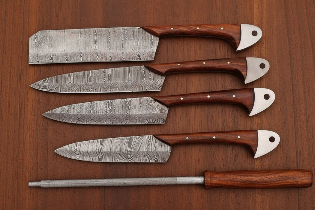 Hand-Forged Damascus Chef Knife Set with Leather Roll & Sharpening Rod - Rosewood Handle Collection
