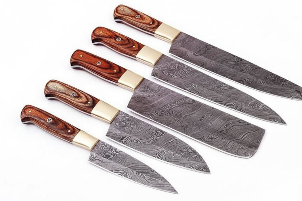 Handmade Damascus Kitchen Knife Set with Pakka Wood Handles and Leather Roll, Full Tang Chef Santoku Cleaver Utility and Paring Knives, Professional Culinary Collection