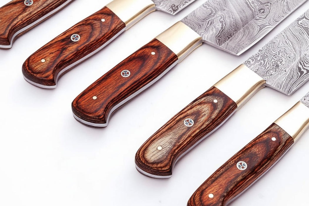 Handmade Damascus Kitchen Knife Set with Pakka Wood Handles and Leather Roll, Full Tang Chef Santoku Cleaver Utility and Paring Knives, Professional Culinary Collection