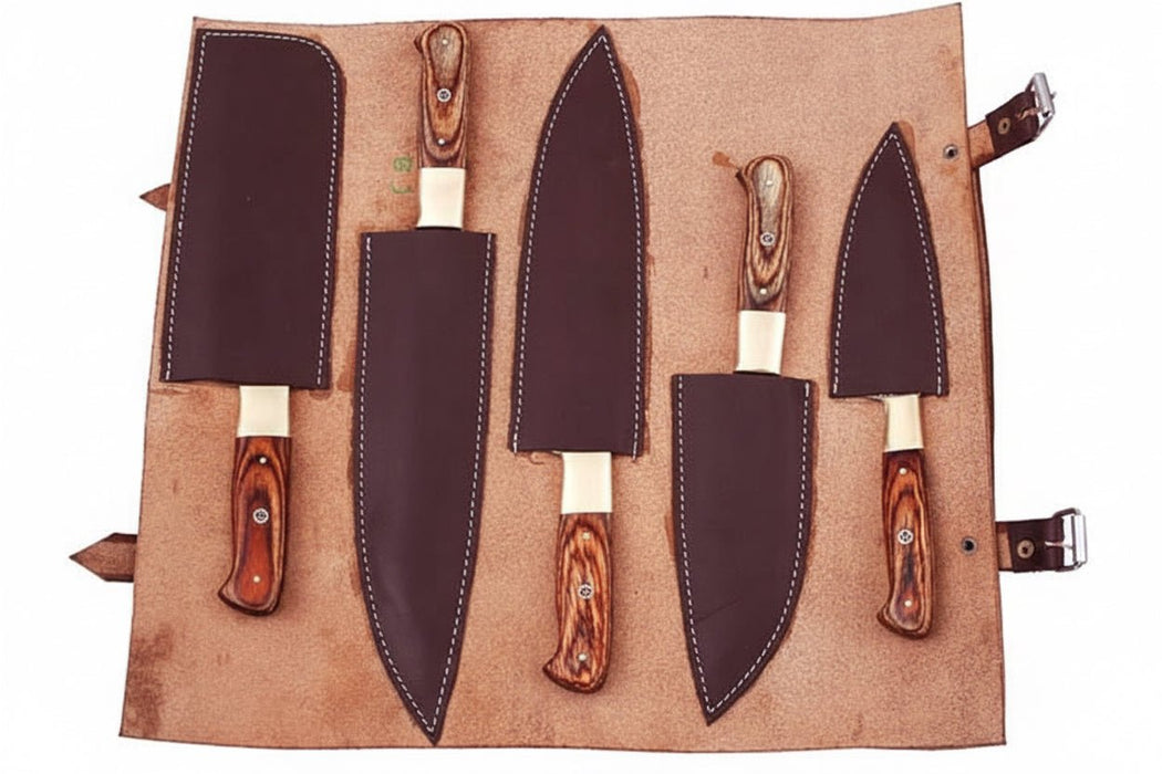 Handmade Damascus Kitchen Knife Set with Pakka Wood Handles and Leather Roll, Full Tang Chef Santoku Cleaver Utility and Paring Knives, Professional Culinary Collection