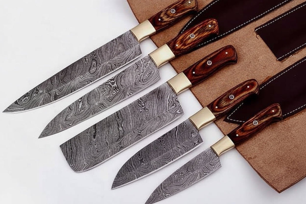 Handmade Damascus Kitchen Knife Set with Pakka Wood Handles and Leather Roll, Full Tang Chef Santoku Cleaver Utility and Paring Knives, Professional Culinary Collection