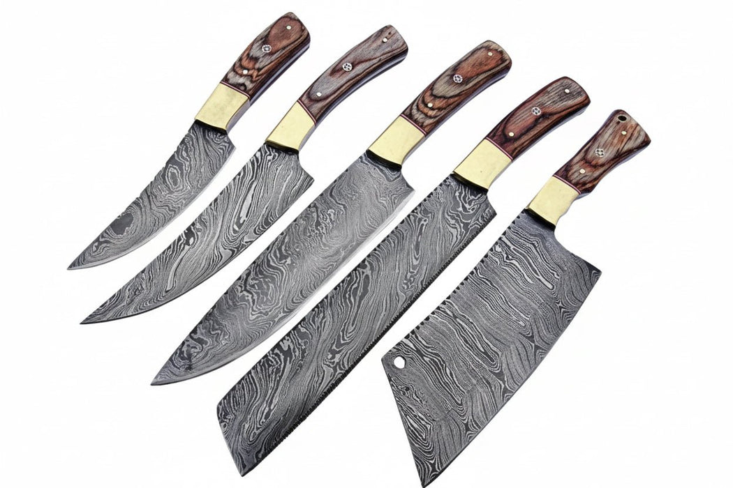 Handmade Damascus Kitchen Knife Set of 5 with Full Tang Wood Handles