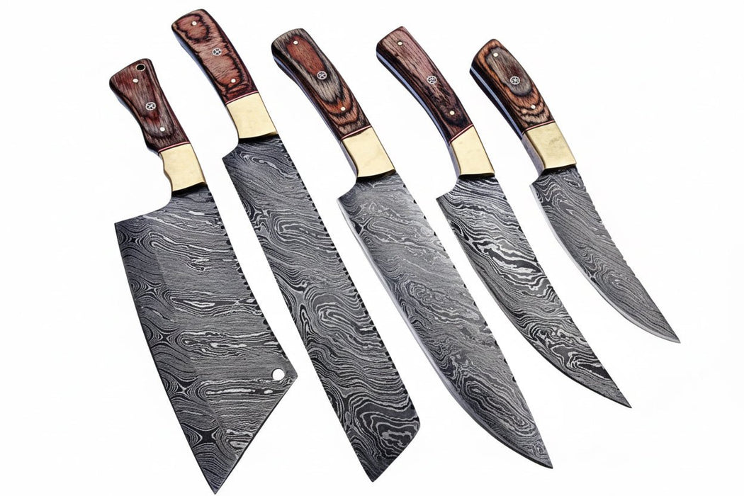 Handmade Damascus Kitchen Knife Set of 5 with Full Tang Wood Handles