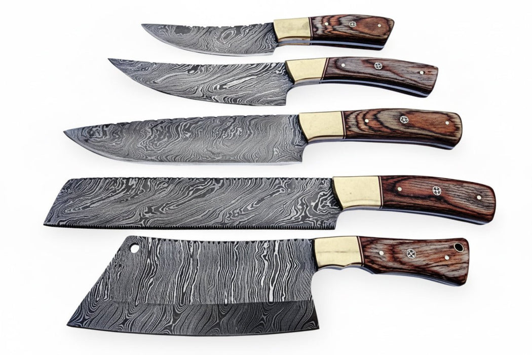 Handmade Damascus Kitchen Knife Set of 5 with Full Tang Wood Handles