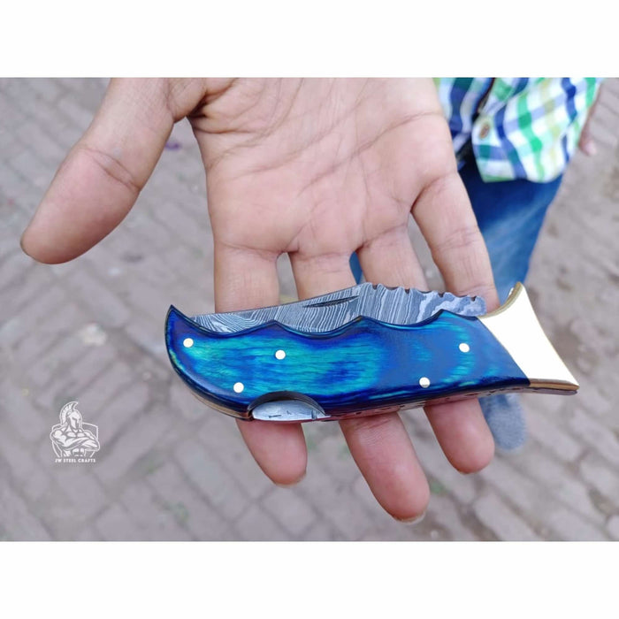 Handmade Damascus Pocket Knife | Colored Pakka Wood Folding EDC Knife