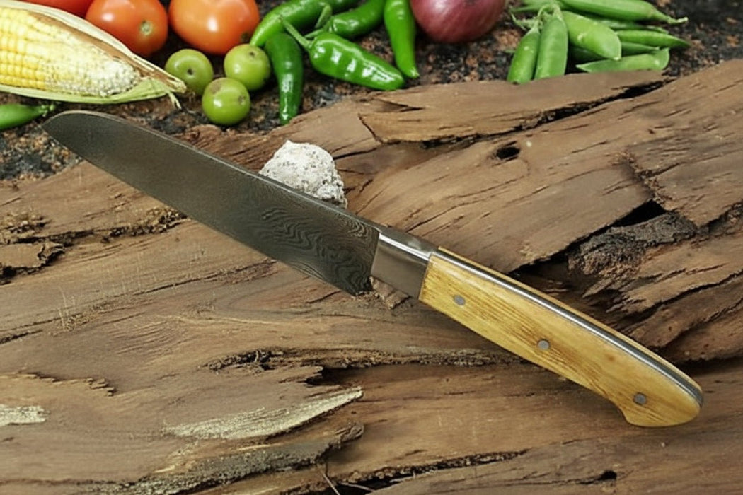 Custom Handmade Damascus Santoku Knife, Olive Wood Handle Japanese Chef Knife