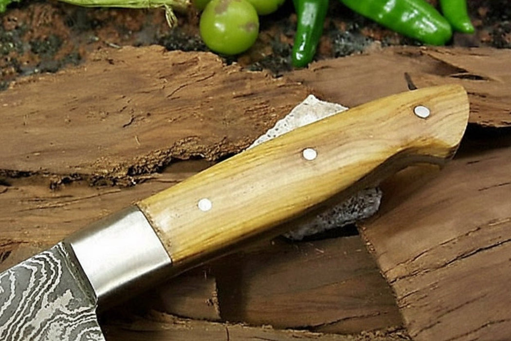 Custom Handmade Damascus Santoku Knife, Olive Wood Handle Japanese Chef Knife