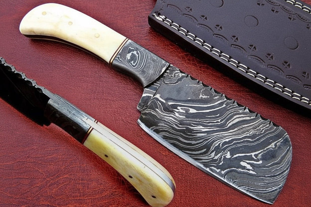 7-Inch Compact Damascus Mini Cleaver — Fire Pattern Blade, Camel Bone Handle, Steel Bolster & Leather Sheath | JW Steel Crafts