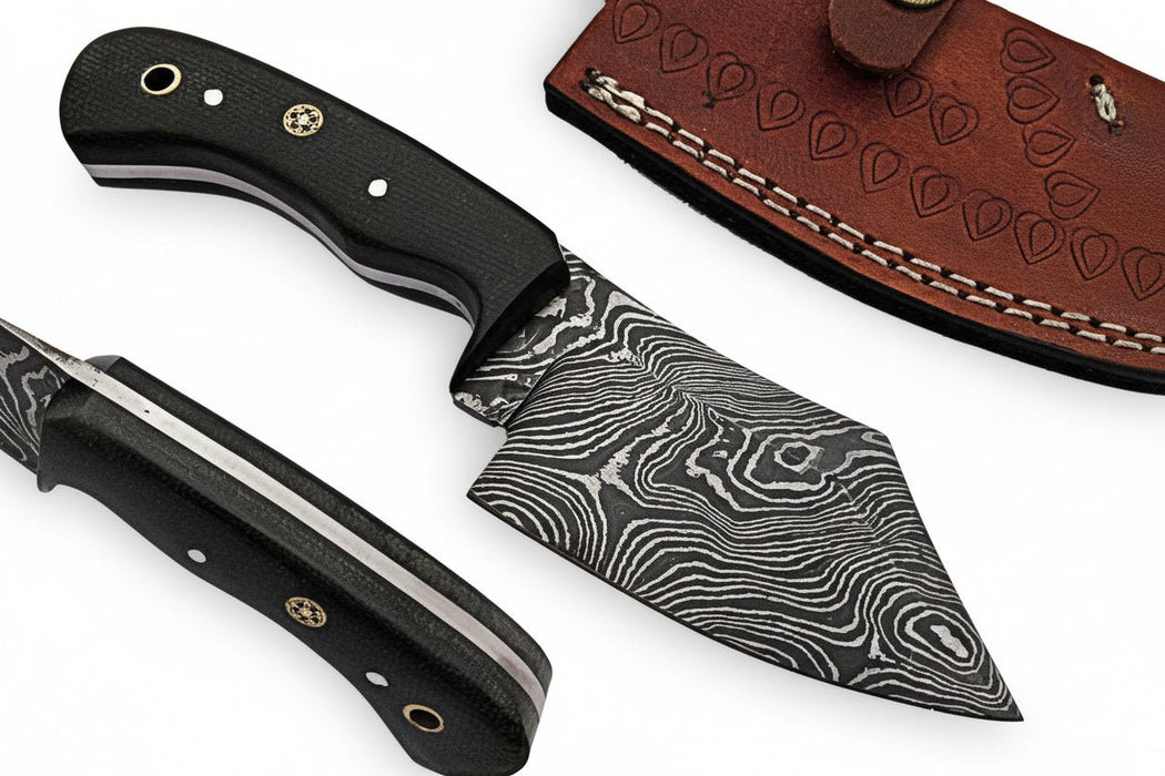 Handmade Damascus Skinner Knife Full Tang Twisted Pattern Blade Black Micarta Handle With Leather Sheath