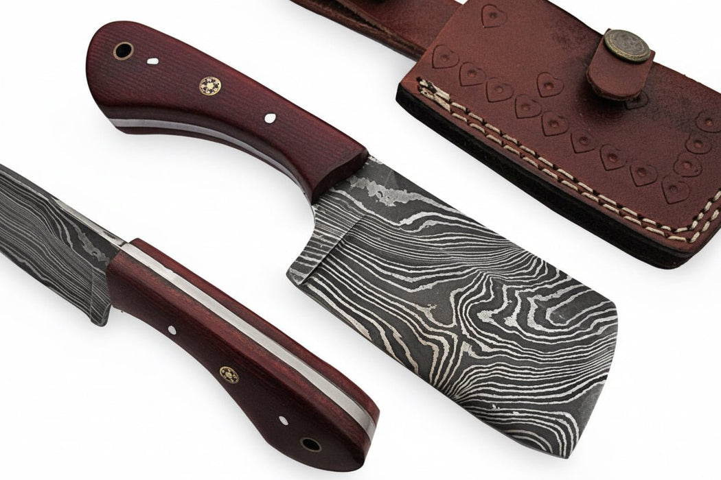 6-Inch Compact Damascus Mini Cleaver — Twisted Pattern Blade, Red Micarta Handle, Mosaic Pin & Tooled Leather Sheath | JW Steel Crafts