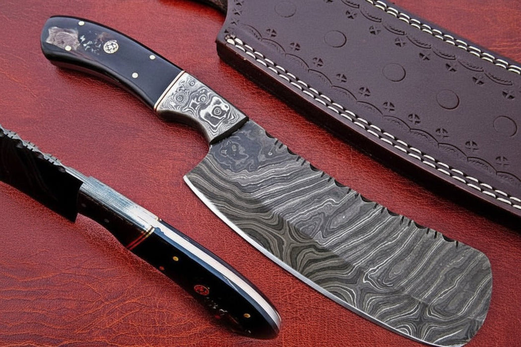 10-Inch Forged Damascus Nakiri Chopper — Ladder Pattern Blade, Engraved Damascus Bolster, Black Resin Handle & Tooled Leather Sheath