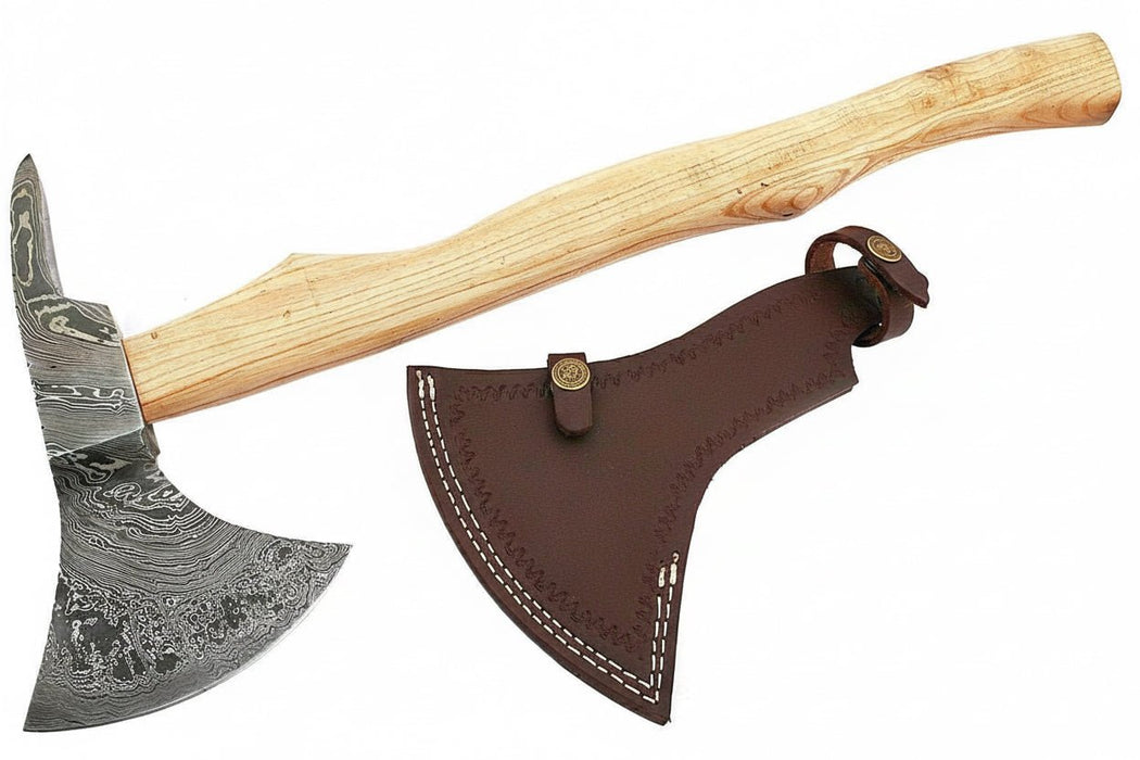 Handmade Damascus Steel Bearded Spike Axe – Hand Forged Viking Bearded Axe with Ash Wood Handle and Leather Sheath | JW SteelCrafts