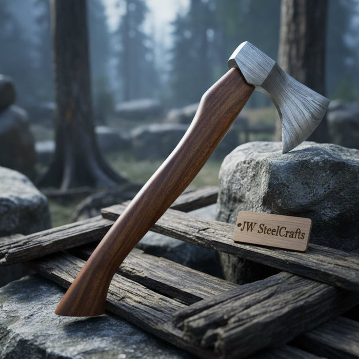Compact Damascus Steel Camping Axe with Hardwood Handle & Leather Sheath