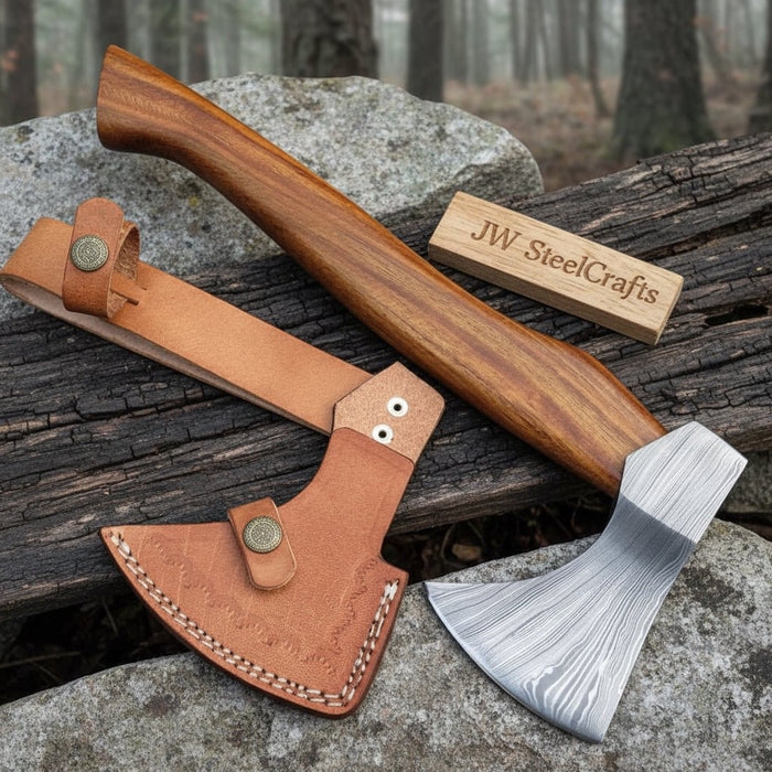 Compact Damascus Steel Camping Axe with Hardwood Handle & Leather Sheath