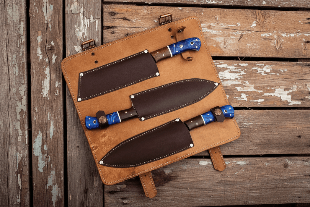 Handmade Damascus Steel Chef Knife Set, 3 Piece Kitchen Knife Set with Resin and Wood Handles, Professional Cooking Knives with Leather Roll, Custom Chef Gift Set JW SteelCrafts