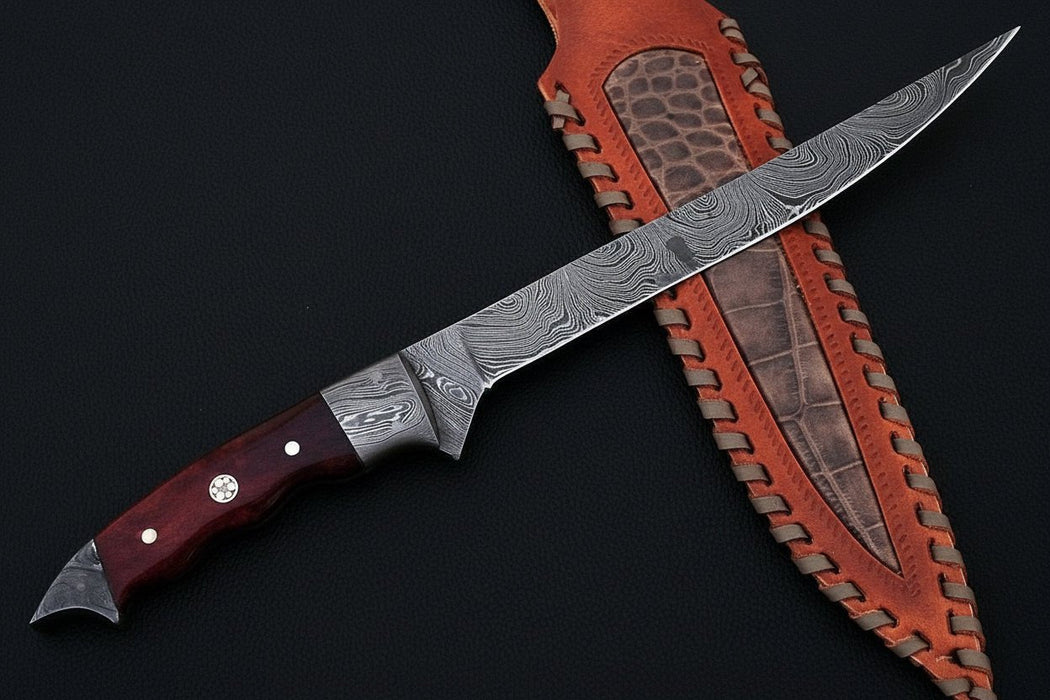 Handmade Damascus Steel Fillet Knife – 13 Inch Overall, 6 Inch Flexible Blade, Full Tang Fishing Knife with Hardwood Handle and Leather Sheath, Professional Fish Filleting Knife, JW SteelCrafts