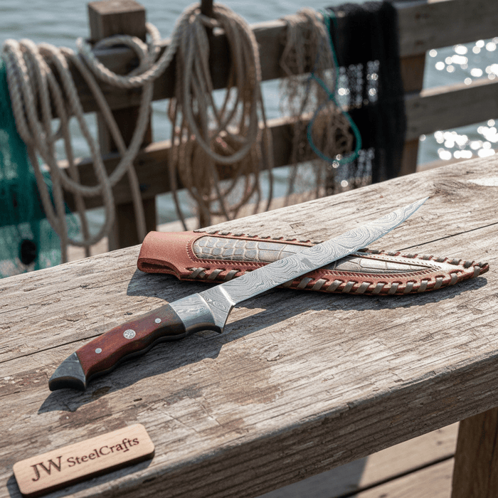 Handmade Damascus Steel Fillet Knife – 13 Inch Overall, 6 Inch Flexible Blade, Full Tang Fishing Knife with Hardwood Handle and Leather Sheath, Professional Fish Filleting Knife, JW SteelCrafts