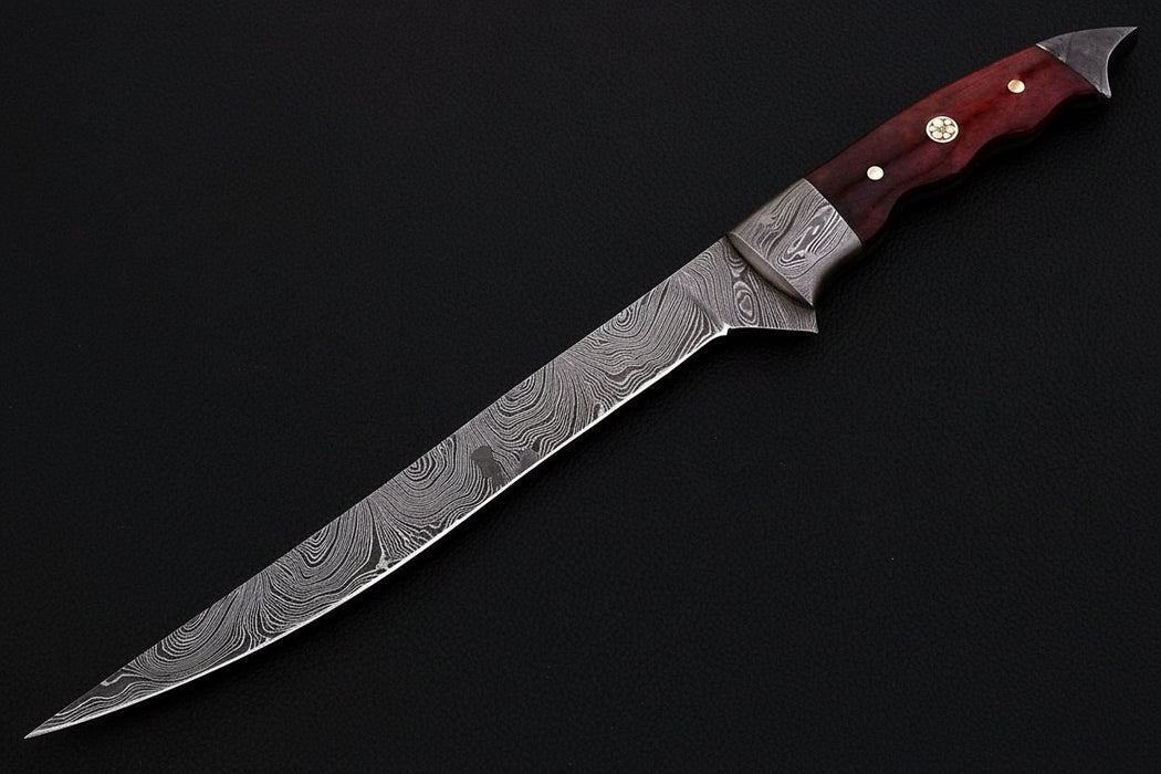 Handmade Damascus Steel Fillet Knife – 13 Inch Overall, 6 Inch Flexible Blade, Full Tang Fishing Knife with Hardwood Handle and Leather Sheath, Professional Fish Filleting Knife, JW SteelCrafts