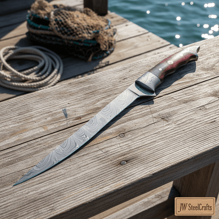 Handmade Damascus Steel Fillet Knife – 13 Inch Overall, 6 Inch Flexible Blade, Full Tang Fishing Knife with Hardwood Handle and Leather Sheath, Professional Fish Filleting Knife, JW SteelCrafts