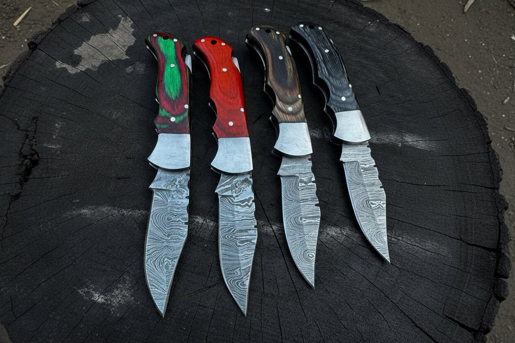 Handmade Damascus Steel Folding Knife – 4 Premium Handle Variations