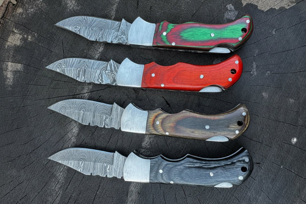 Handmade Damascus Steel Folding Knife – 4 Premium Handle Variations
