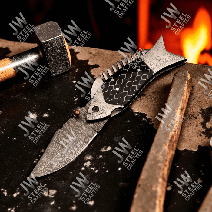 Handmade Damascus Steel Folding Knife with Black Honeycomb Handle