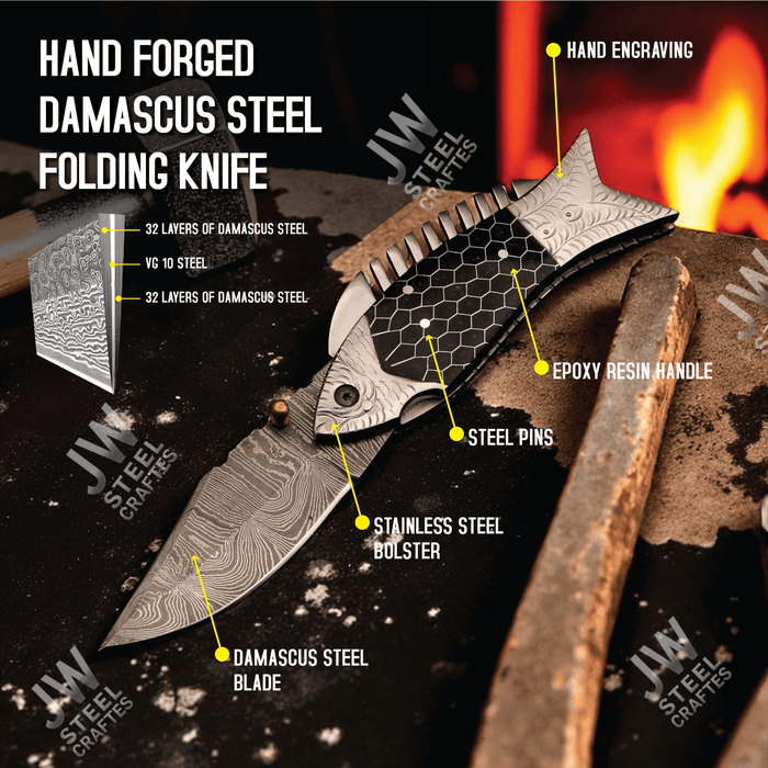 Handmade Damascus Steel Folding Knife with Black Honeycomb Handle