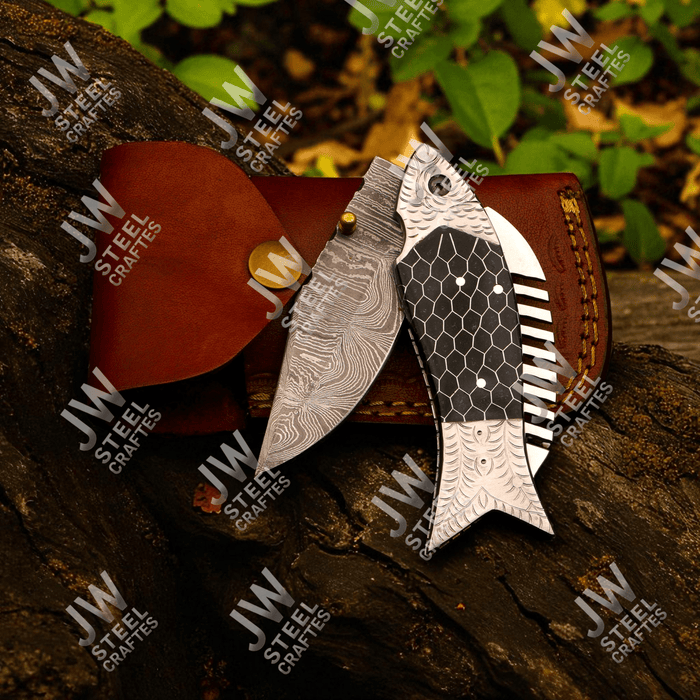 Handmade Damascus Steel Folding Knife with Black Honeycomb Handle