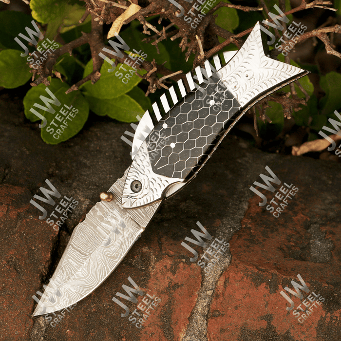 Handmade Damascus Steel Folding Knife with Black Honeycomb Handle