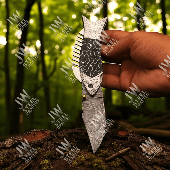 Handmade Damascus Steel Folding Knife with Black Honeycomb Handle
