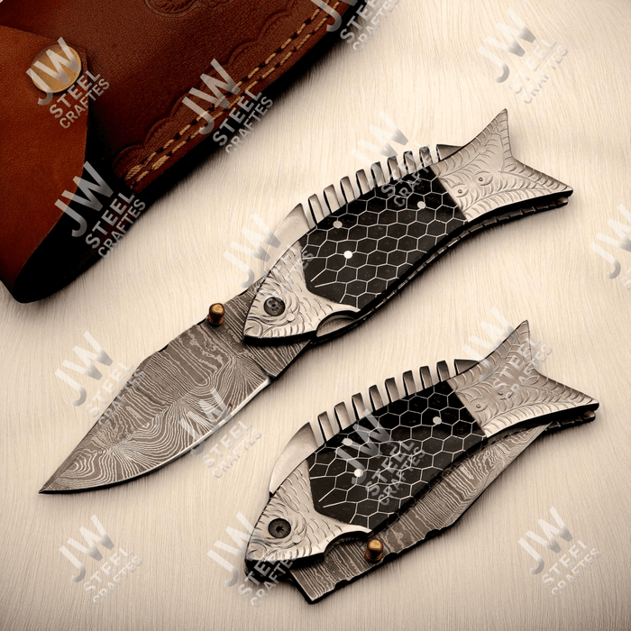 Handmade Damascus Steel Folding Knife with Black Honeycomb Handle