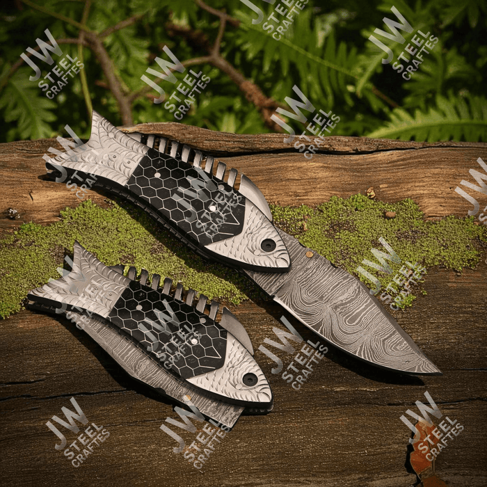 Handmade Damascus Steel Folding Knife with Black Honeycomb Handle