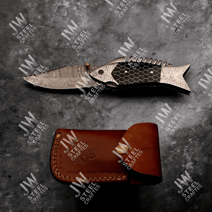 Handmade Damascus Steel Folding Knife with Black Honeycomb Handle