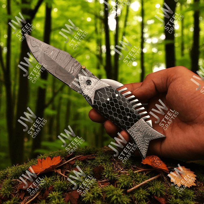 Handmade Damascus Steel Folding Knife with Black Honeycomb Handle