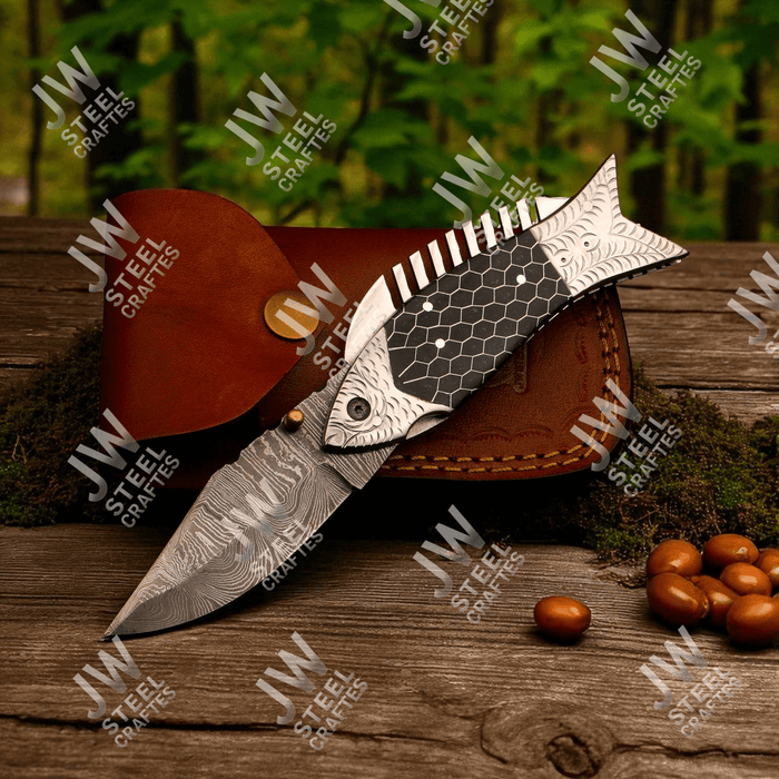 Handmade Damascus Steel Folding Knife with Black Honeycomb Handle