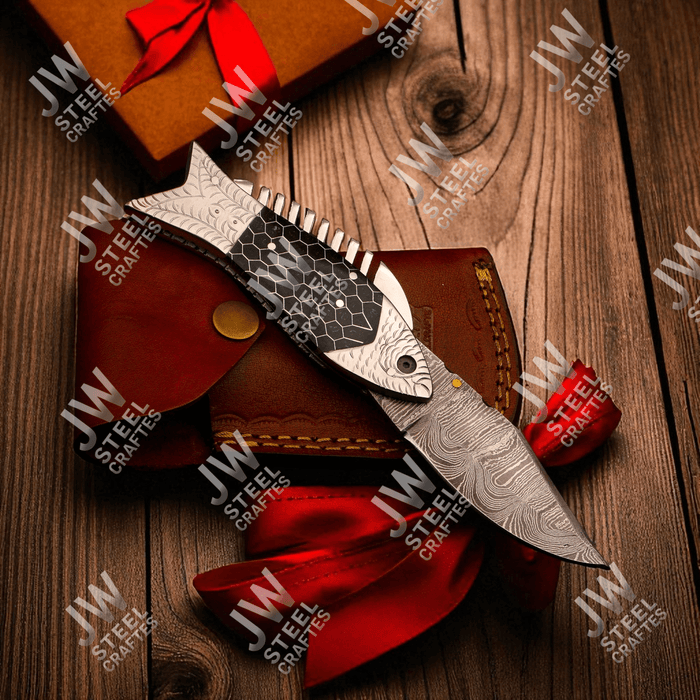 Handmade Damascus Steel Folding Knife with Black Honeycomb Handle