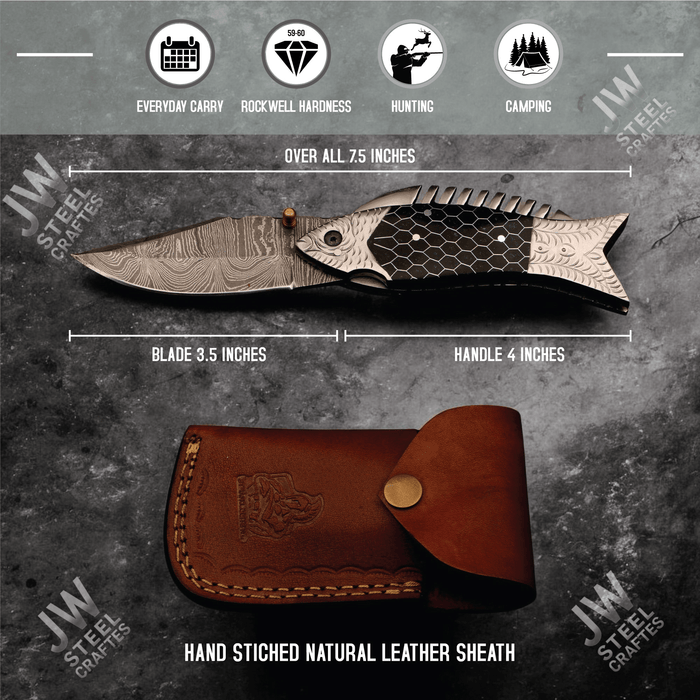 Handmade Damascus Steel Folding Knife with Black Honeycomb Handle