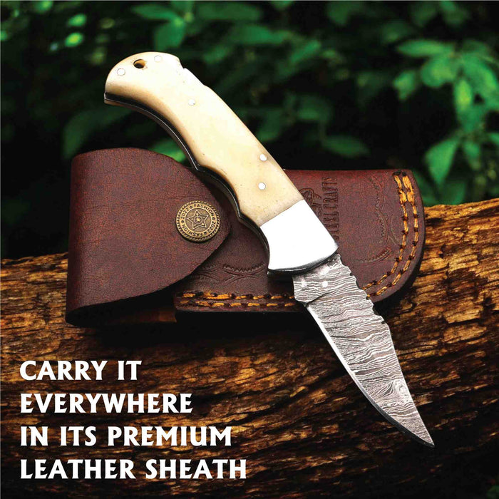 Handmade Damascus Steel Folding Knife with Camel Bone Handle & 5 Handle Options