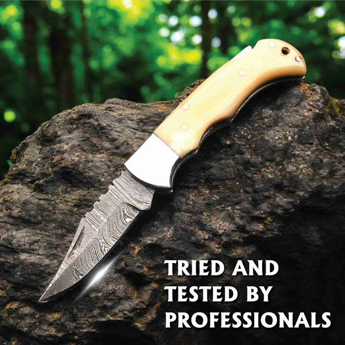 Handmade Damascus Steel Folding Knife with Camel Bone Handle & 5 Handle Options